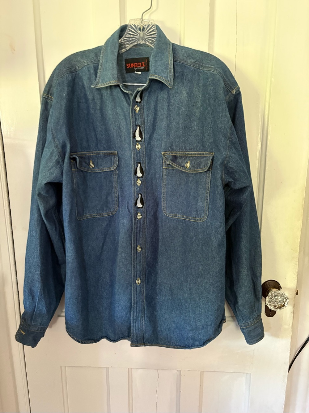 Sunbelt Denim Shirt Jacket in Blue with Penguins Embroidered